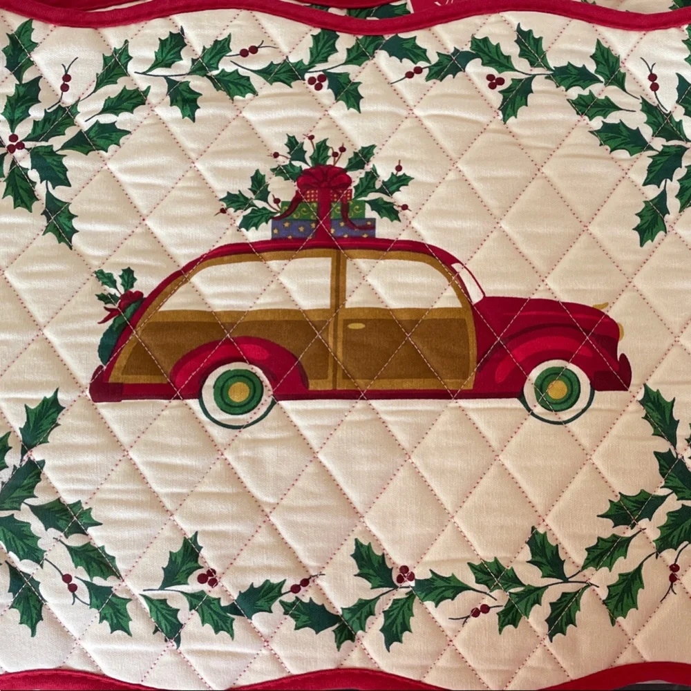 LENOX Holiday Antique Car and Holly Quilted Placemats Red and Green Qty (7)